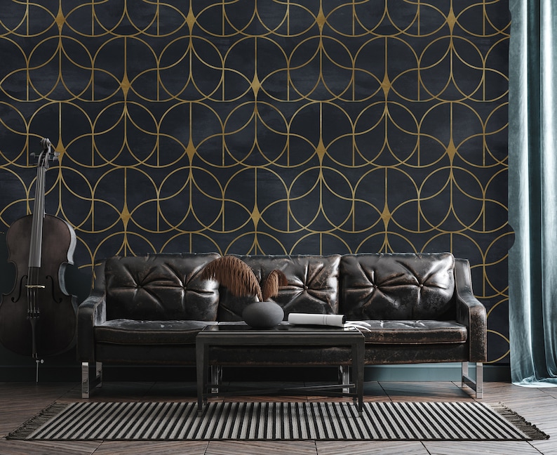 Art Deco Geometric Wallpaper • Chic Black and Gold • Peel and Stick ...