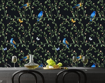 Dark Floral Wallpaper with Blue Birds and Wild Ivy - Add a Whimsical Touch to Your Space