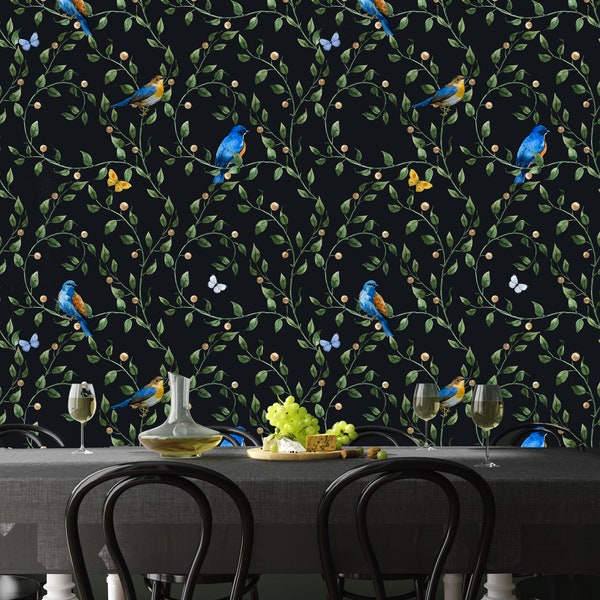 Dark Floral Wallpaper with Blue Birds and Wild Ivy - Add a Whimsical Touch to Your Space