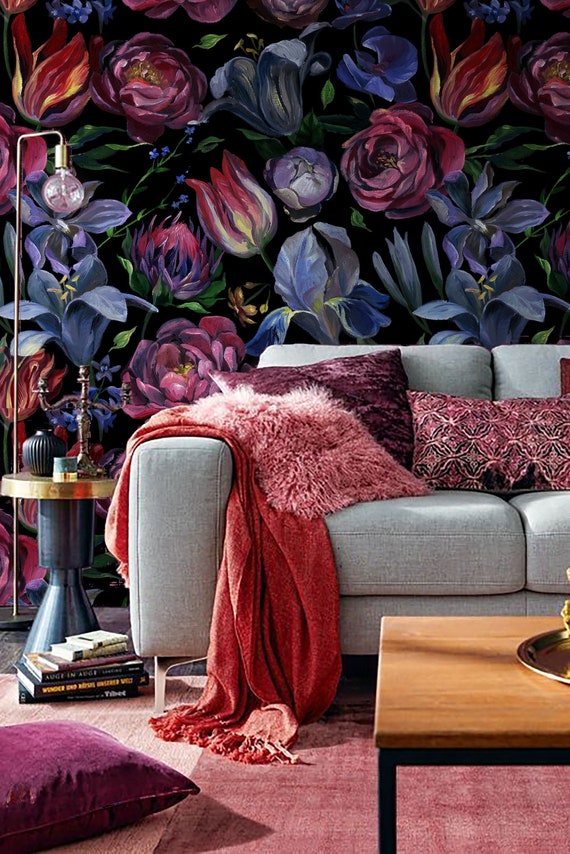 Dark Floral Wallpaper: Painted Style, Peel and Stick Vinyl