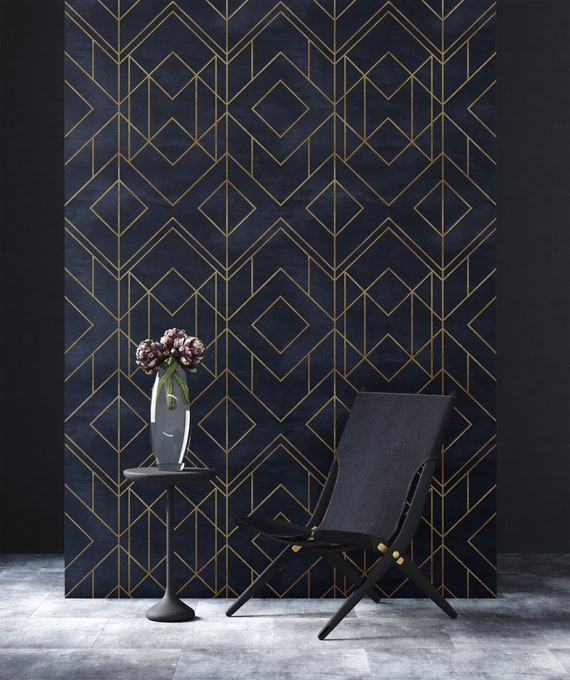 Art Deco Geometric Wallpaper: Black and Gold Peel and Stick Vinyl
