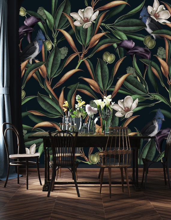 Vintage Sapphire Bird Wallpaper: Giant Forest Peel and Stick Mural