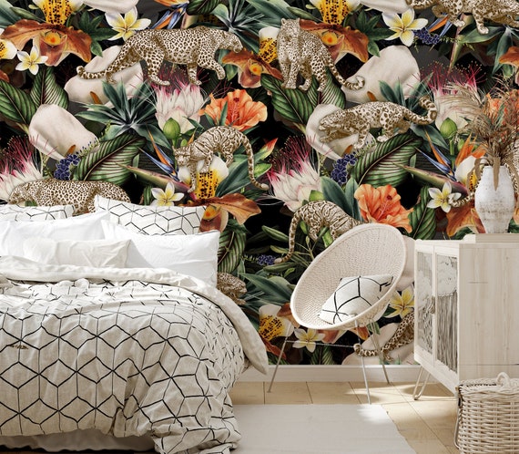Exotic Cheetah Floral Wallpaper: Tropical Peel and Stick Mural