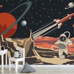 Carta da parati Astronauta – Design Space Shuttle e Marte, stacca e attacca, vinile, murale rimovibile per la cameretta dei bambini