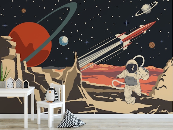 Astronaut Space Shuttle Wallpaper: Kids Room Peel and Stick Mural