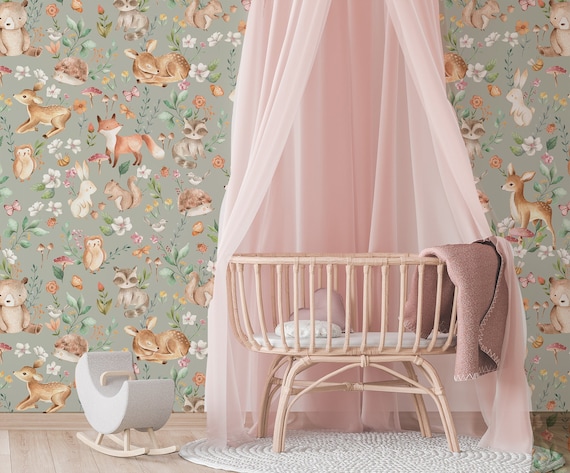 Baby Animal Forest Mural: Peel and Stick Vinyl Wallpaper