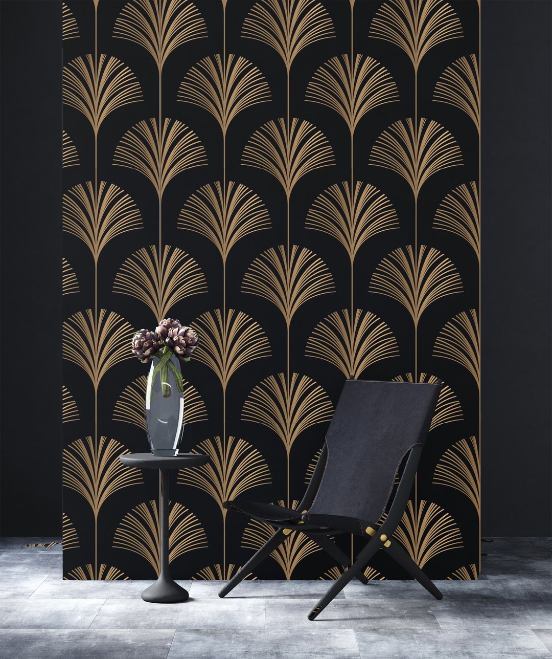 Art Deco Gold Leaf Wallpaper • Black & Gold Geometric Lines • Peel and ...