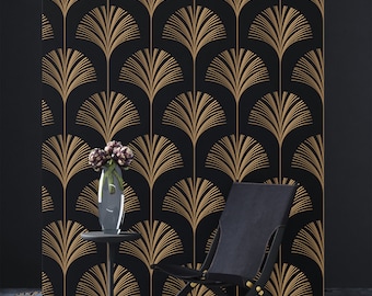 Art Deco Gold Leaf Wallpaper • Black & Gold Geometric Lines • Peel and Stick • Wall Mural