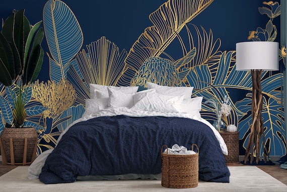 Navy Botanical Wallpaper: Gold Line Art, Exotic Leaf Design (Peel and Stick)