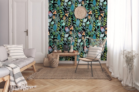 Dark Floral Wallpaper: Vibrant Botanical Garden, Peel and Stick Vinyl