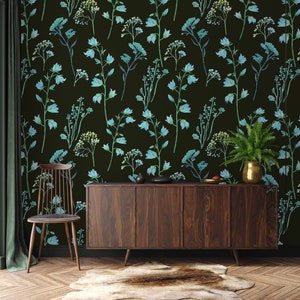 Elegant Black with Turquoise Green Floral Arrangement: Botanical Garden Collection,dark plant,removable,self adhesive,peel and stick,vinly