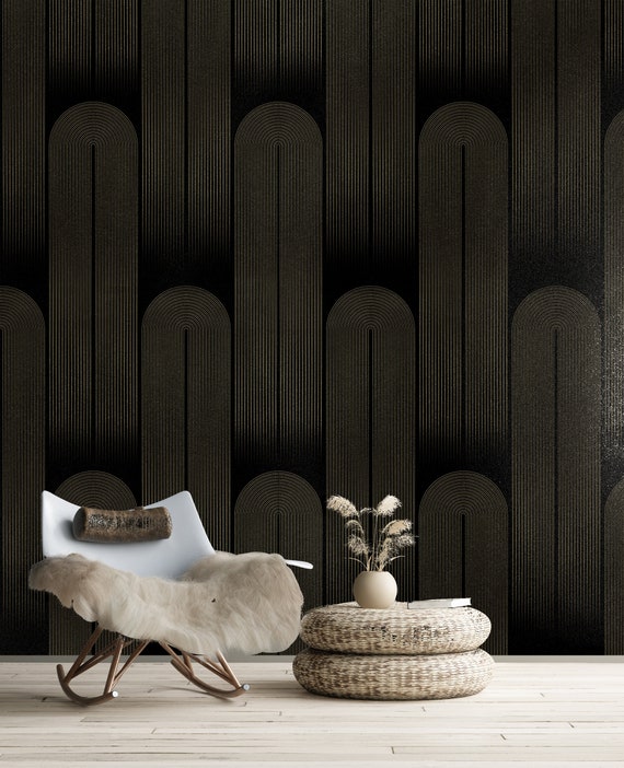 Art Deco Wallpaper: Gold Stripes on Black, Peel and Stick