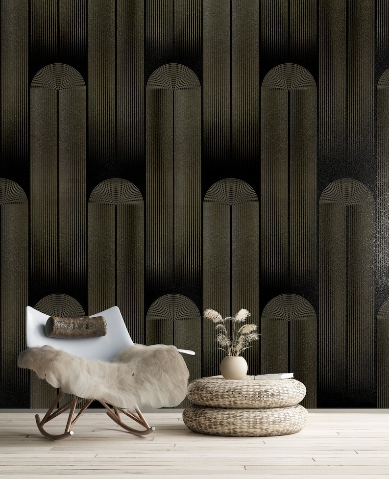 Art Deco Wallpaper: Gold Stripes on Black, Peel and Stick image 1