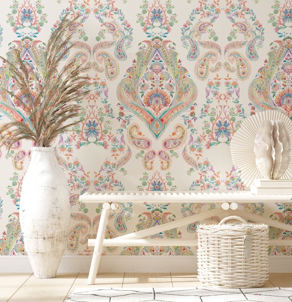 Colorful Paisley Damask Wallpaper: Peel and Stick Vinyl Mural