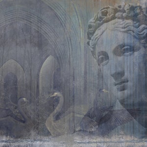 May include: A digital art print featuring a faded image of a classical sculpture of a woman's face, overlaid with a blurry image of a stone archway and two birds. The background is a muted blue and gray.