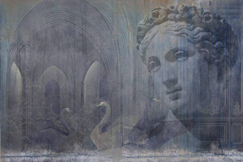 May include: A digital art print featuring a faded image of a classical sculpture of a woman's face, overlaid with a blurry image of a stone archway and two birds. The background is a muted blue and gray.
