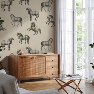 Hand-Drawn Horses Wallpaper: Classic Vintage Style, Cream Background
