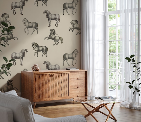 Hand-Drawn Horses Wallpaper: Classic Vintage Style, Cream Background