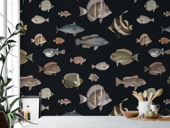Hand-Drawn Fish Wallpaper: Removable Self Adhesive Mural
