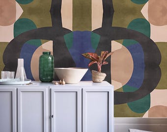 Modern Geometric Wallpaper • Olive Green & Blue Shapes • Peel and Stick • Wall Mural
