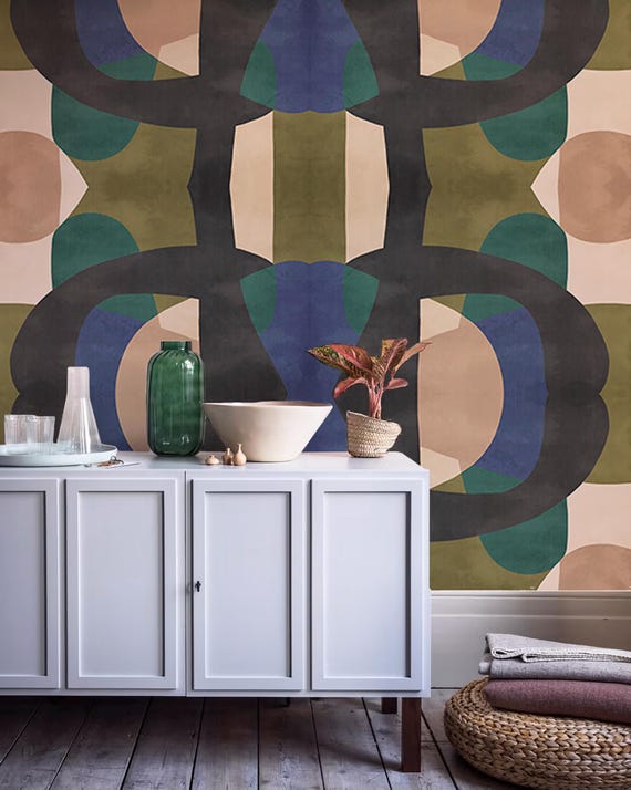 Geometric Abstract Faces Wallpaper – Minimalist Modern Wall Art – Vinyl & Peel and Stick – Custom Sizes Available