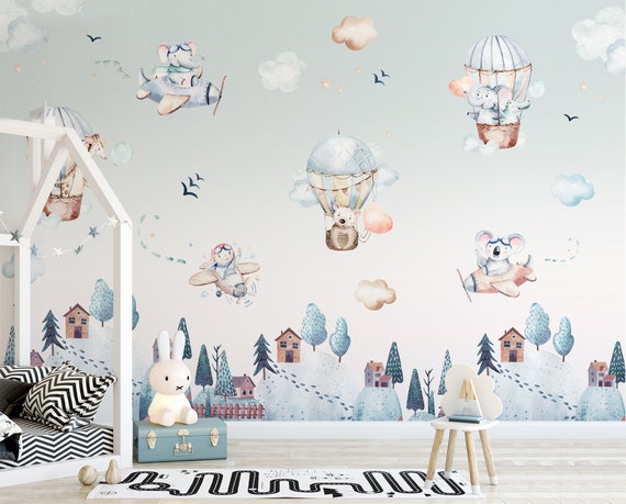 Baby Animals Wallpaper: Hot Air Balloon, Flying Planes Nursery Decor (Peel and Stick)