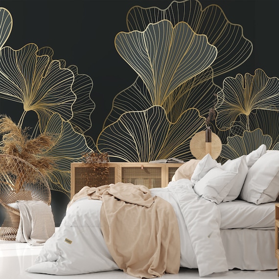 Gold Ginkgo Leaf Wall Decal: Elegant Art Deco Peel and Stick Wallpaper