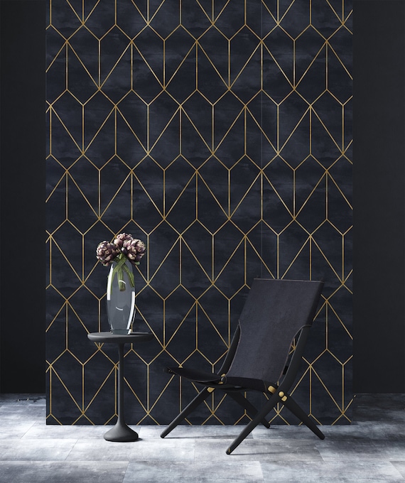Art Deco Geometric Wallpaper: Black and Gold Peel and Stick Vinyl