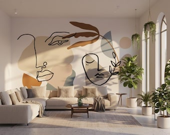 Modern Line Art Face Wallpaper • Pastel Tones • Peel and Stick • Wall Mural