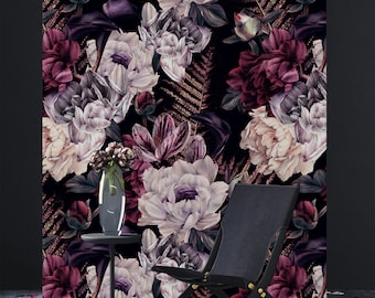 Papel tapiz de peonías rosas con flores oscuras • Flores rosas grandes - Negro • Despegar y pegar • Mural de pared