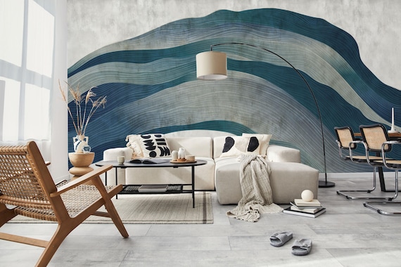 Blue Wave Line Art Wallpaper: Elegant Abstract Sea Design, Peel & Stick