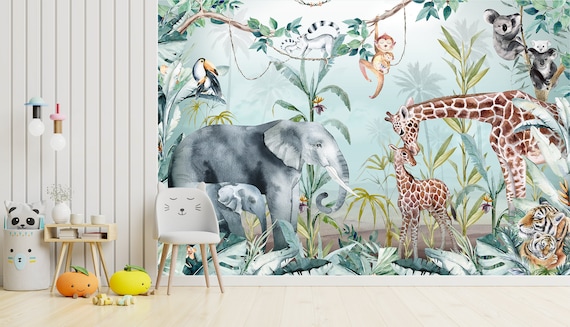 Safari Nursery Wallpaper: Baby Animals, Peel and Stick Vinyl Mural