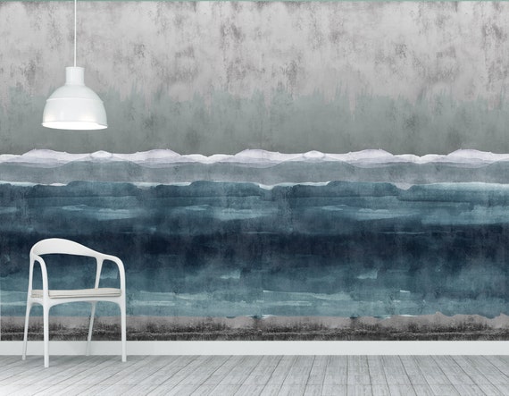 Ocean Waves Watercolor Print: Concrete Effect Peel and Stick Wallpaper