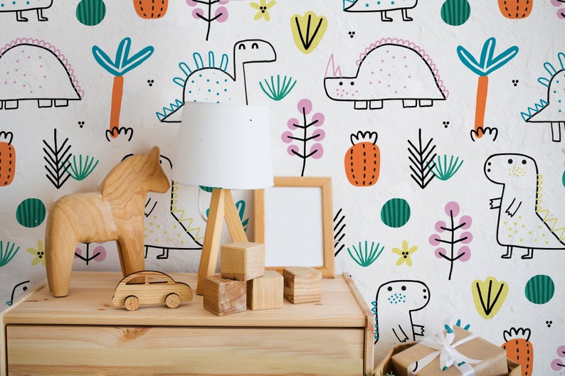 Papel tapiz de dinosaurios de dibujos animados para guardería • Bonita jungla • Despegar y pegar • Mural de pared imagen 2