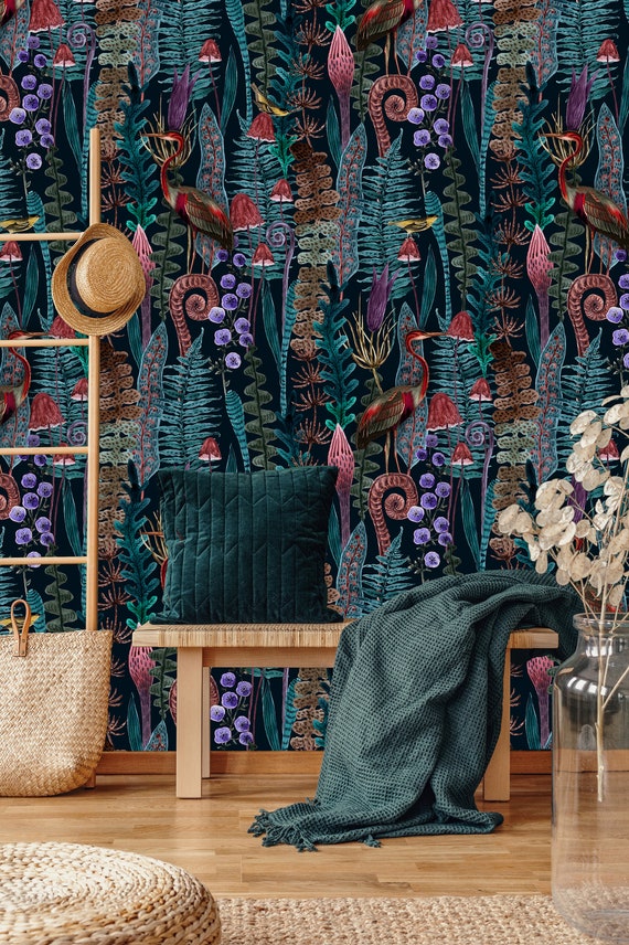 Botanical Wallpaper: Red Mushroom & Heron Dark Forest Mural
