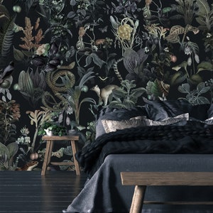 Exotic Animals Dark Botanical Wallpaper - Colorful Forest Mural with Snakes, Monkey, Birds, and Weasel,dark botanical,peel and stick
