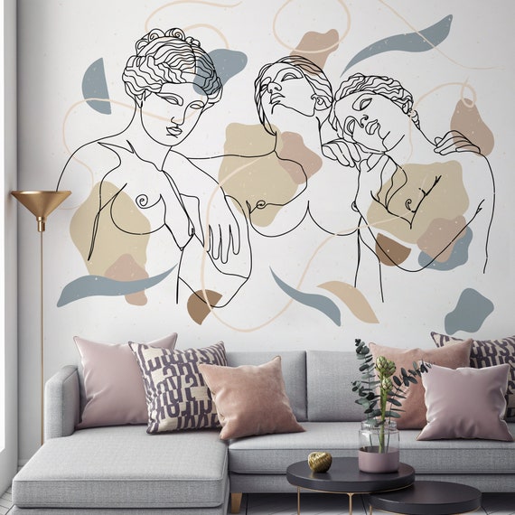 Roman Bust Line Art Wallpaper: Pastel Colors, Peel and Stick