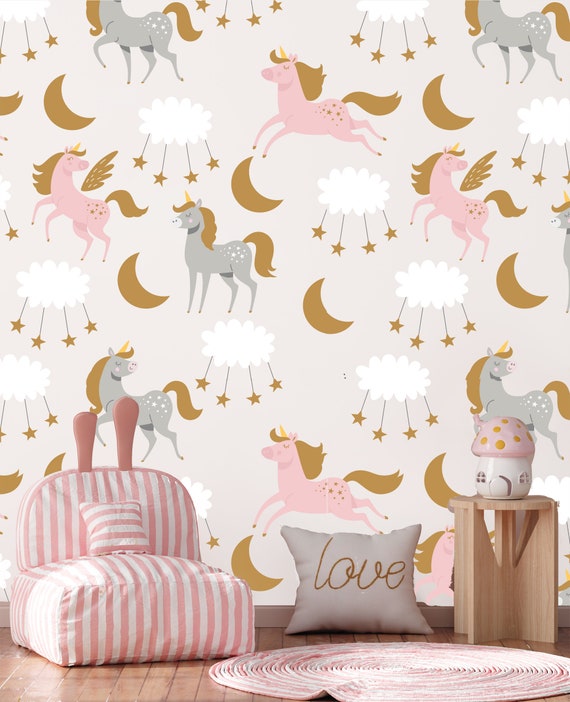 Unicorn Cloud Wallpaper: Pink Rainbow Fantasy Decor (Peel and Stick)