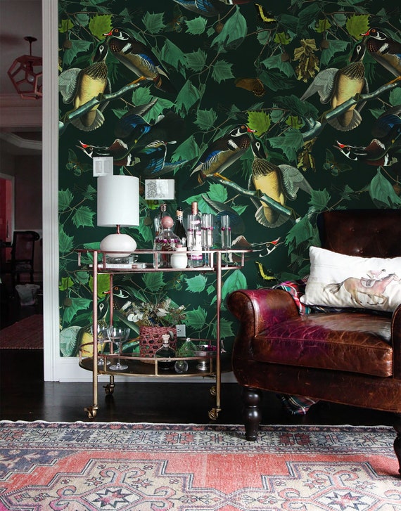 Wild Duck Wallpaper: Dark Green Botanical Removable Wall Decor