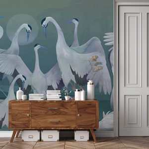 Blue Heron Crane Wallpaper: Asian Birds Vinyl Mural (Peel and Stick)
