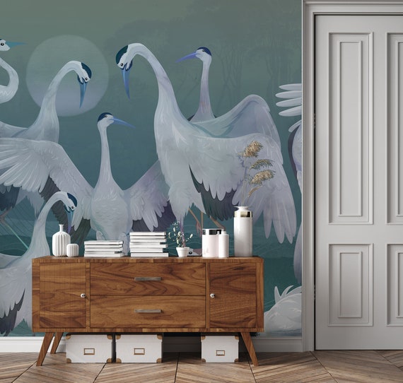 Blue Heron Crane Wallpaper: Asian Birds Vinyl Mural (Peel and Stick)