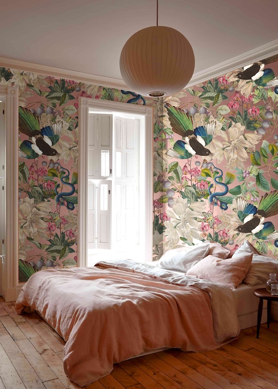 Blue Birds and Snakes Wallpaper: Pink Floral Vinyl Wall Mural