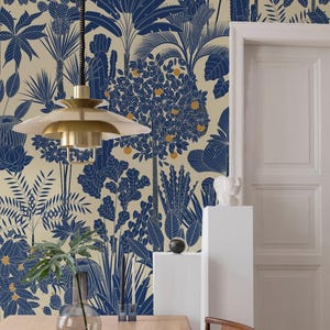 Exotic Plants Wallpaper: Cream & Navy Palm, Orange Trees, Cacti - Peel and Stick