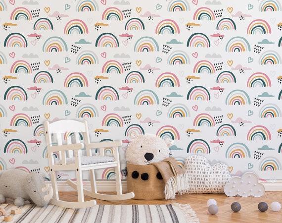Cute Heart with Rainbow Wallpaper - Perfect for Pretty Nursery Decor,removable,self adhesive,peel and stick,vinly,wall mural,thick wallpaper