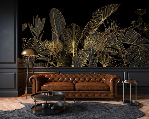 Exotic Gold Leaf Botanical Wallpaper: Dark Art Deco Peel and Stick Mural