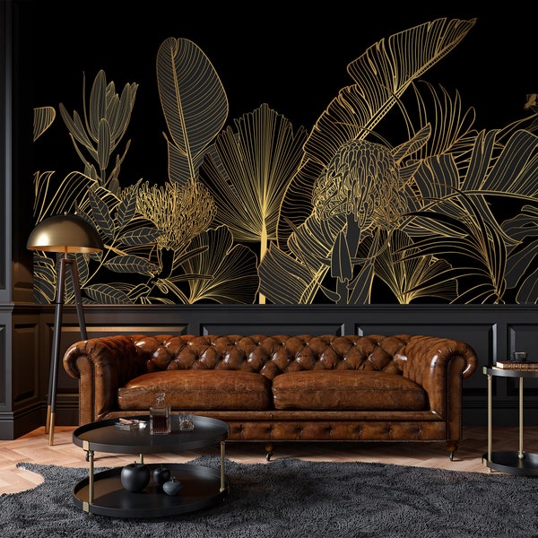 Dark Botanical Wallpaper - Exotic Leaf Design on Gold Line Art, Thick & Stylish Home Decor,self adhesive,removable,peel and stick,wall mural