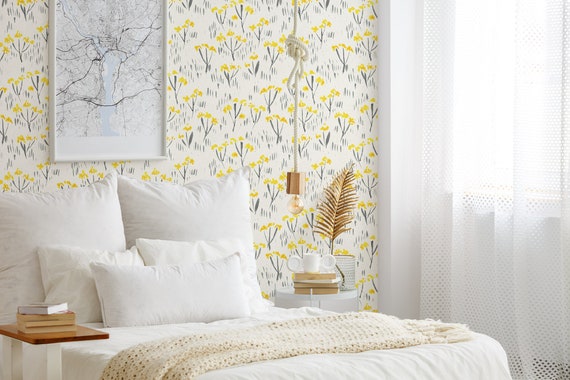 Yellow Wildflower Watercolor Wallpaper: Spring Floral Peel and Stick