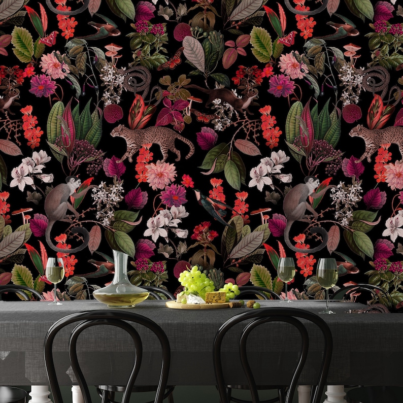 Dark Botanic Wallpaper: Pink Forest Design with Cheetah,Monkey and snakes Leaves and pink orange flowers, self adhesive,removable,wall mural 画像 2