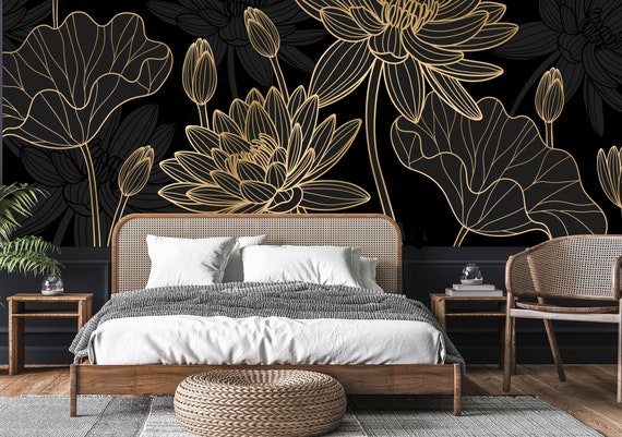 Gold Lotus Line Art Wallpaper: Art Deco Peel and Stick Vinyl
