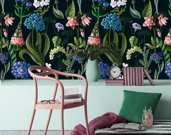 Nature-Inspired Night Forest Wallpaper with Vibrant Wild Flowers,peel and stick,vinly paper,removable,self adhesive,high quality,